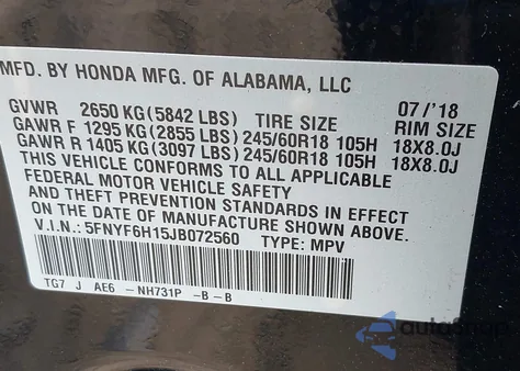 2018 Honda Pilot Lx z USA, uszkodzony, nr VIN 5FNYF6H15JB072560